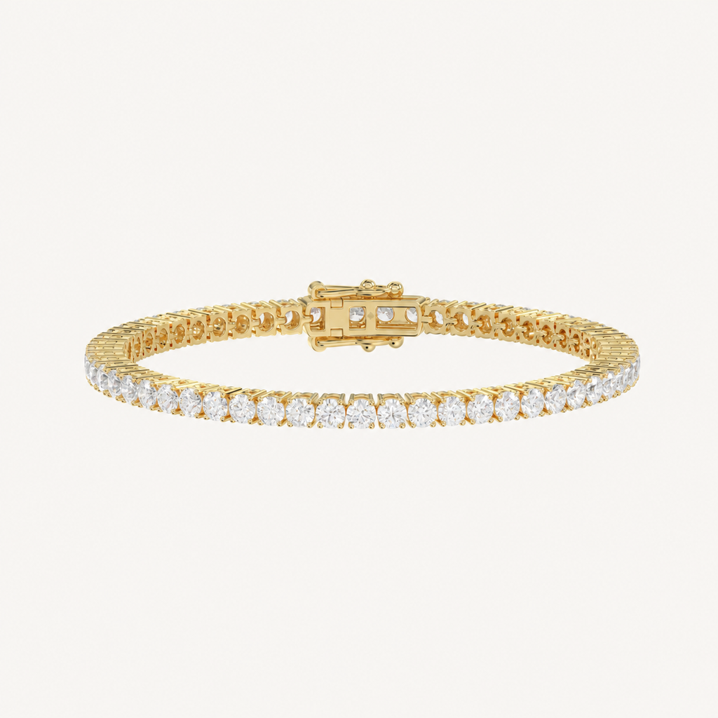 High-carat basket 4-prong diamond tennis bracelet in yellow gold, full view