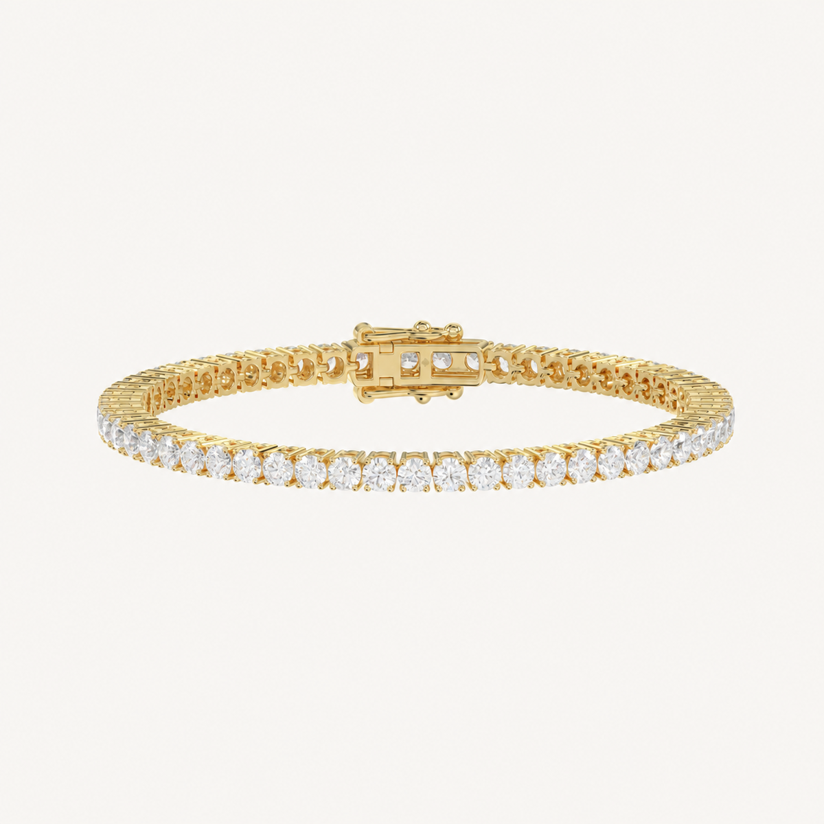 High-carat basket 4-prong diamond tennis bracelet in yellow gold, full view