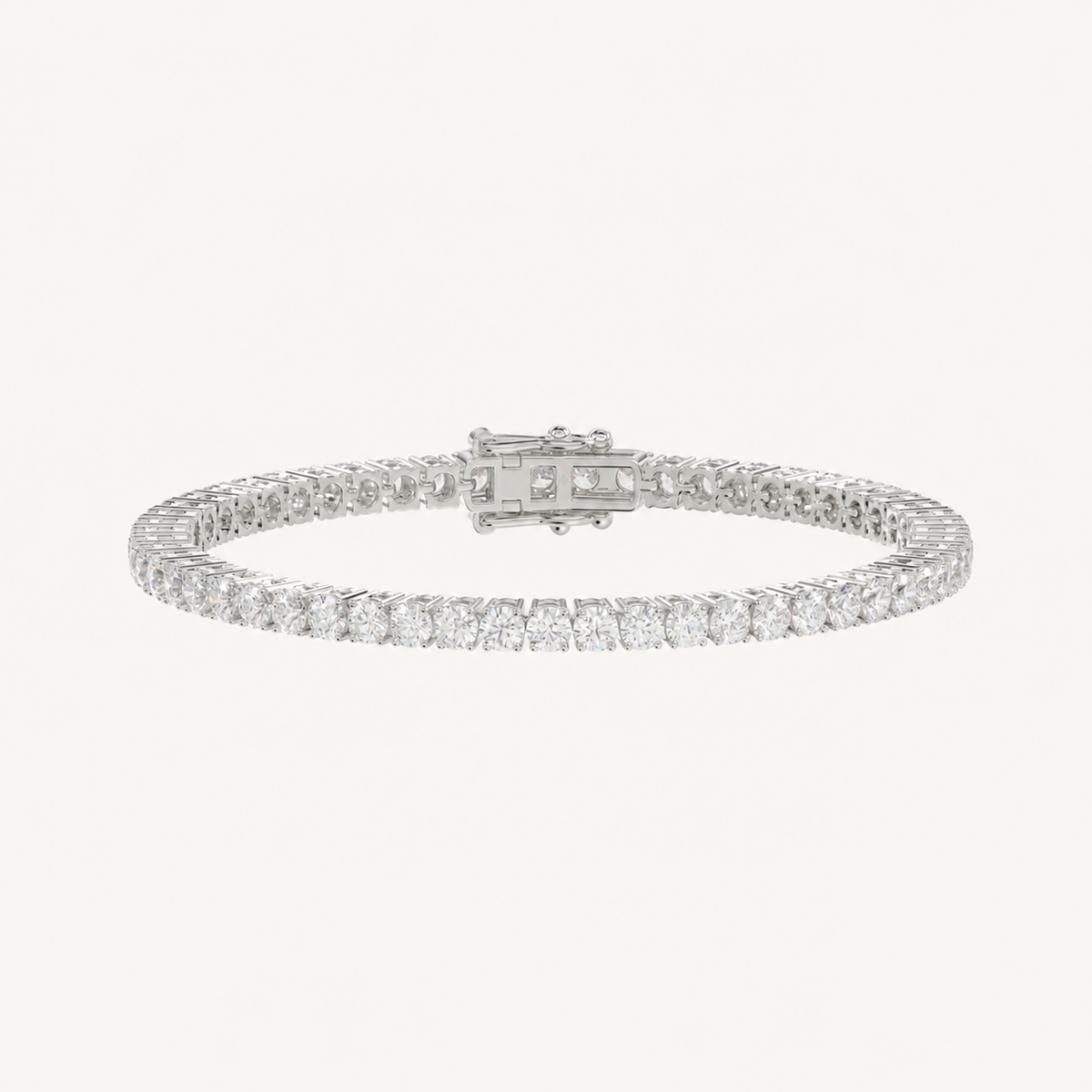 High-carat basket 4-prong diamond tennis bracelet in white gold, full view