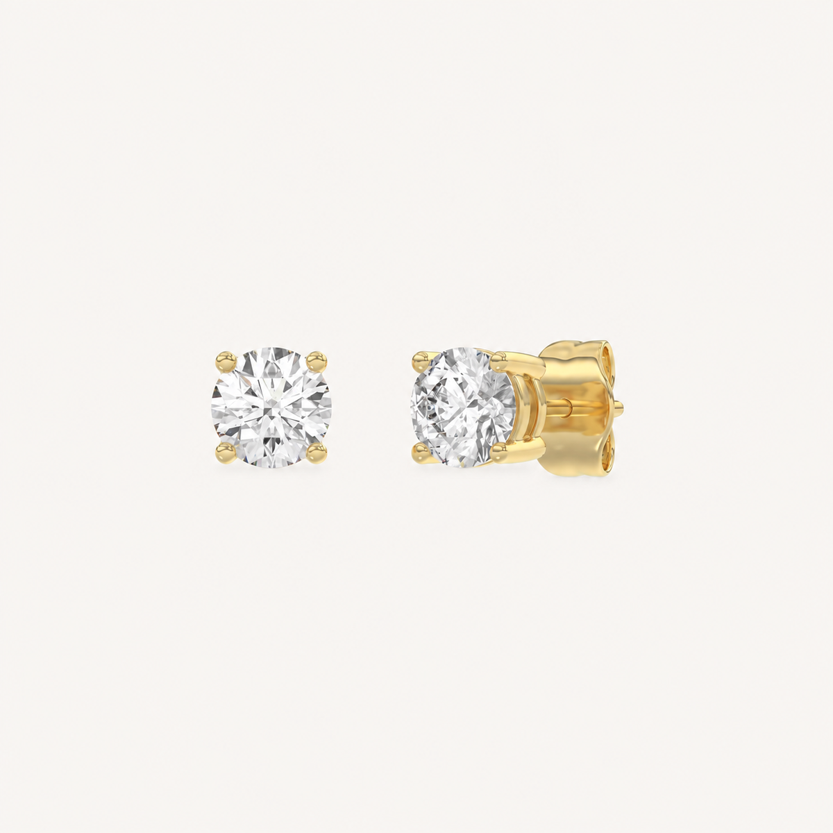 4-prong basket lab-grown diamond stud earrings in yellow gold, 1 ct total weight