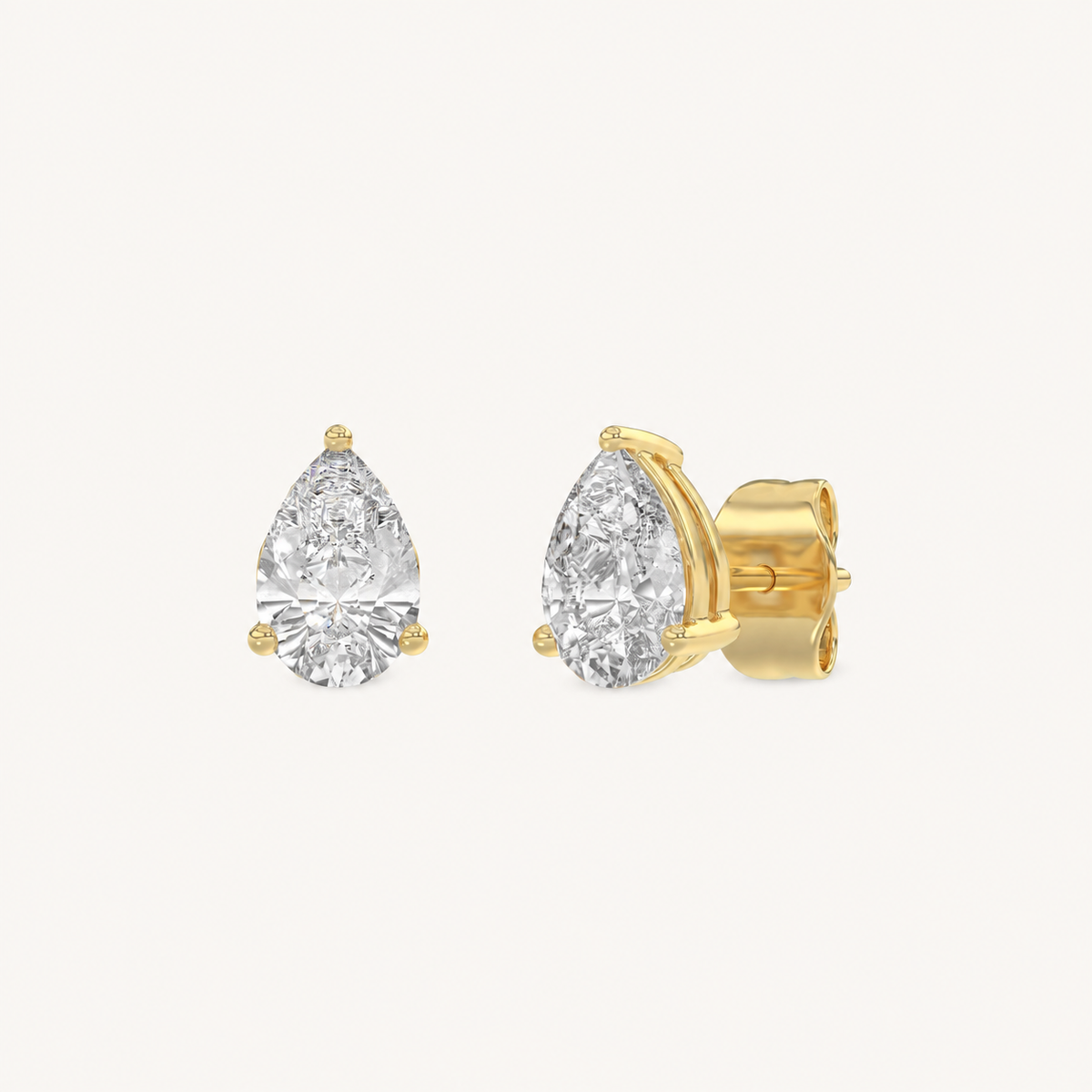 Pear-cut 3-prong basket lab-grown diamond stud earrings in yellow gold, 1.5 ct total weight