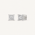 White gold princess-cut four-prong basket lab-grown diamond stud earrings, 1.5 ct total weight