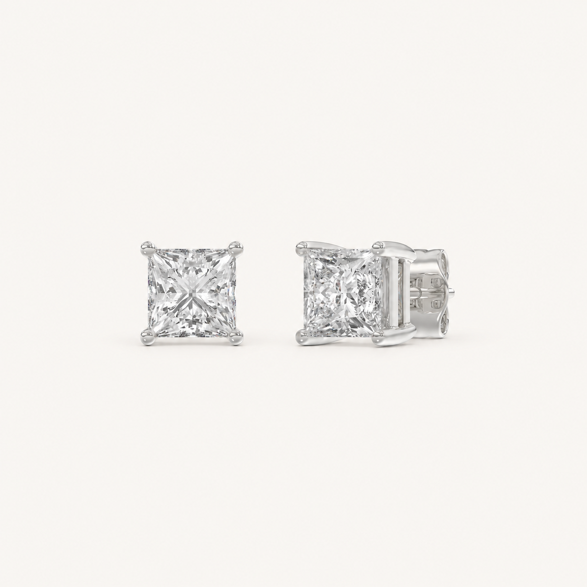 White gold princess-cut four-prong basket lab-grown diamond stud earrings, 1.5 ct total weight