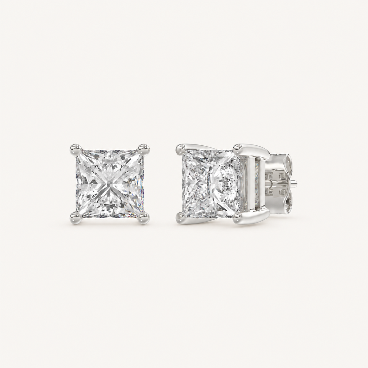 White gold princess-cut four-prong basket lab-grown diamond stud earrings, 3 ct total weight