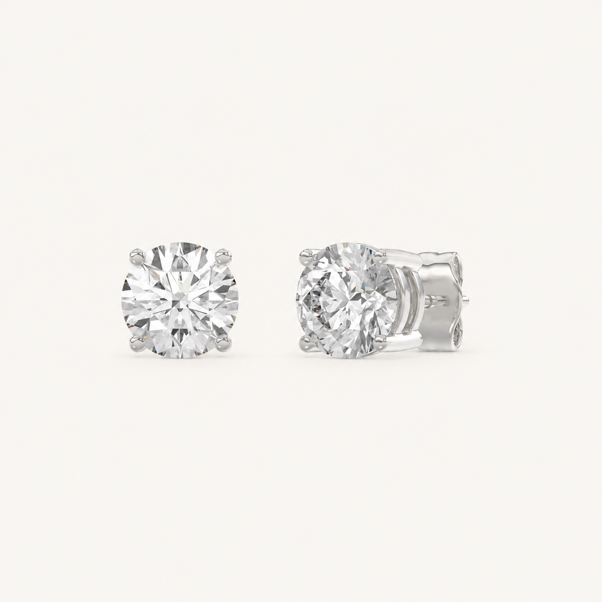 White gold round-cut four-prong basket lab-grown diamond stud earrings, 2 ct total weight