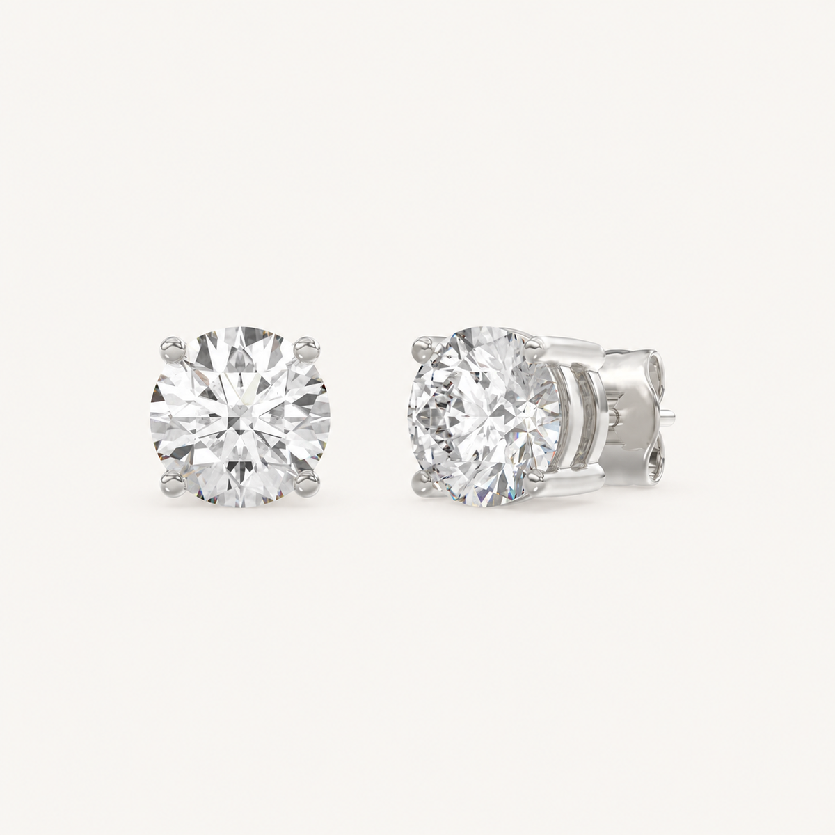 White gold round-cut four-prong basket lab-grown diamond stud earrings, 3 ct total weight