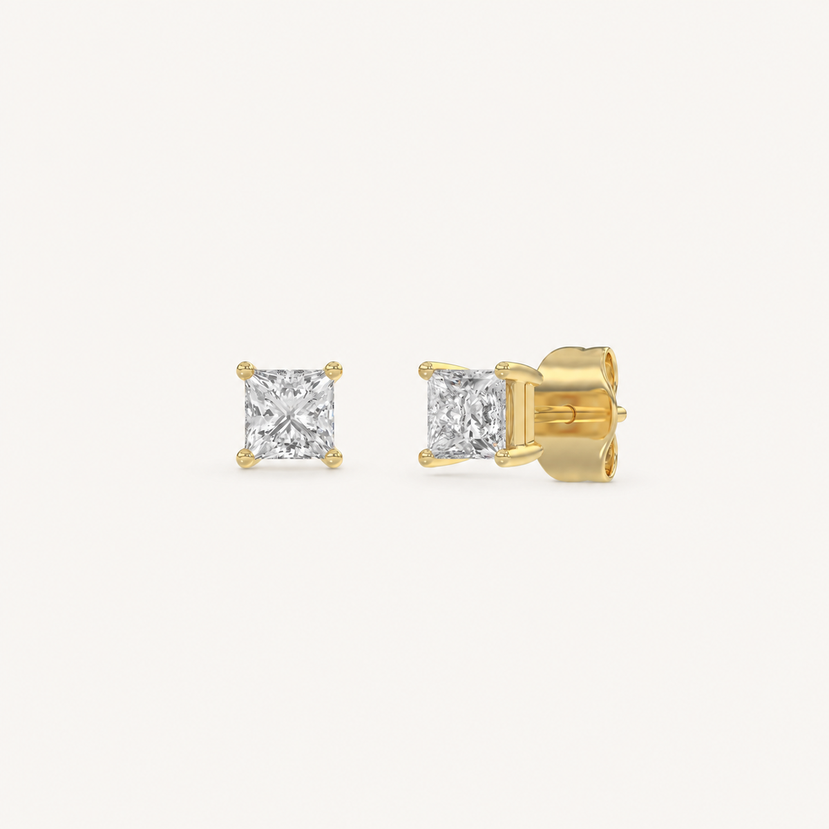 Yellow gold princess-cut four-prong basket lab-grown diamond stud earrings, 0.5 ct total weight