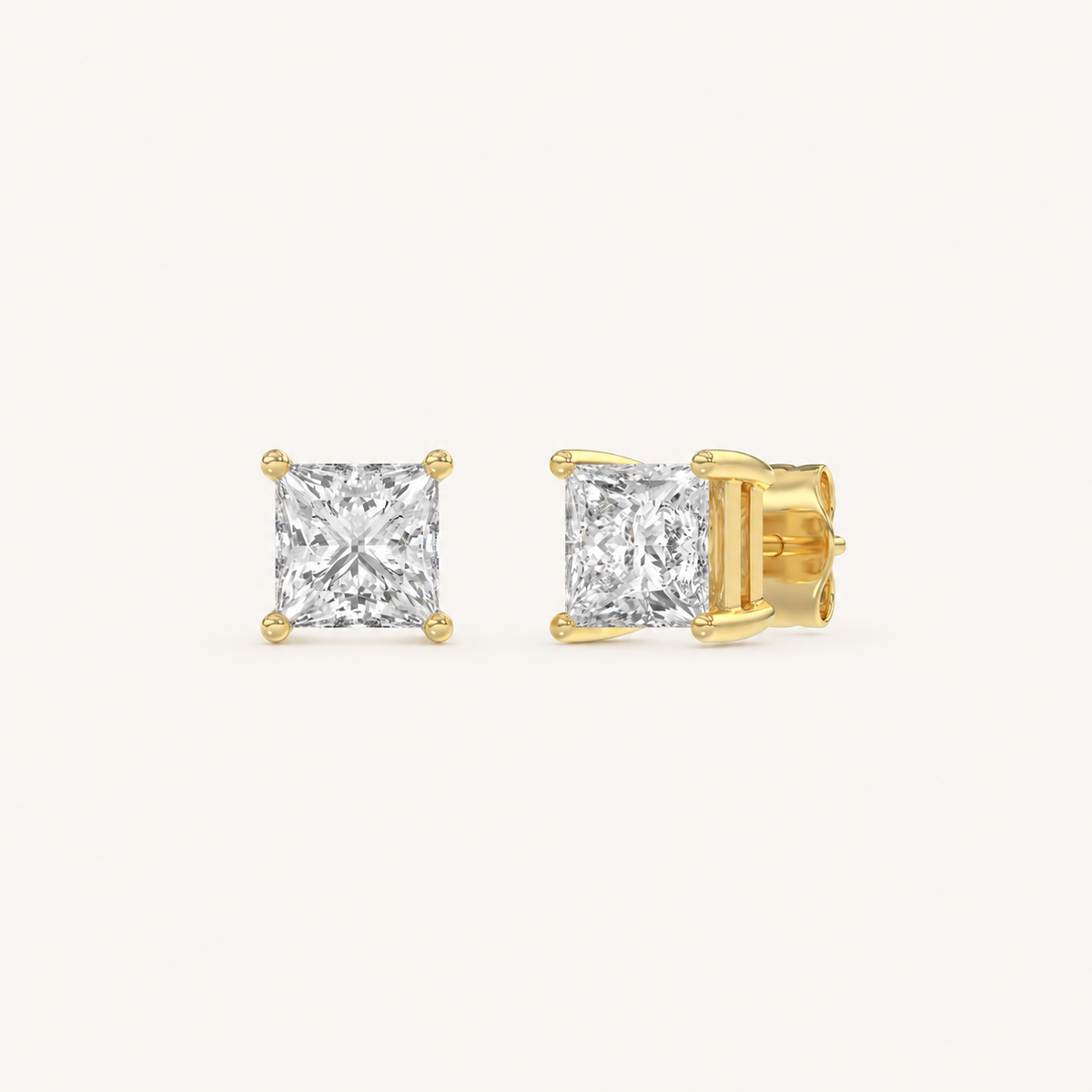 Yellow gold princess-cut four-prong basket lab-grown diamond stud earrings, 1.5 ct total weight