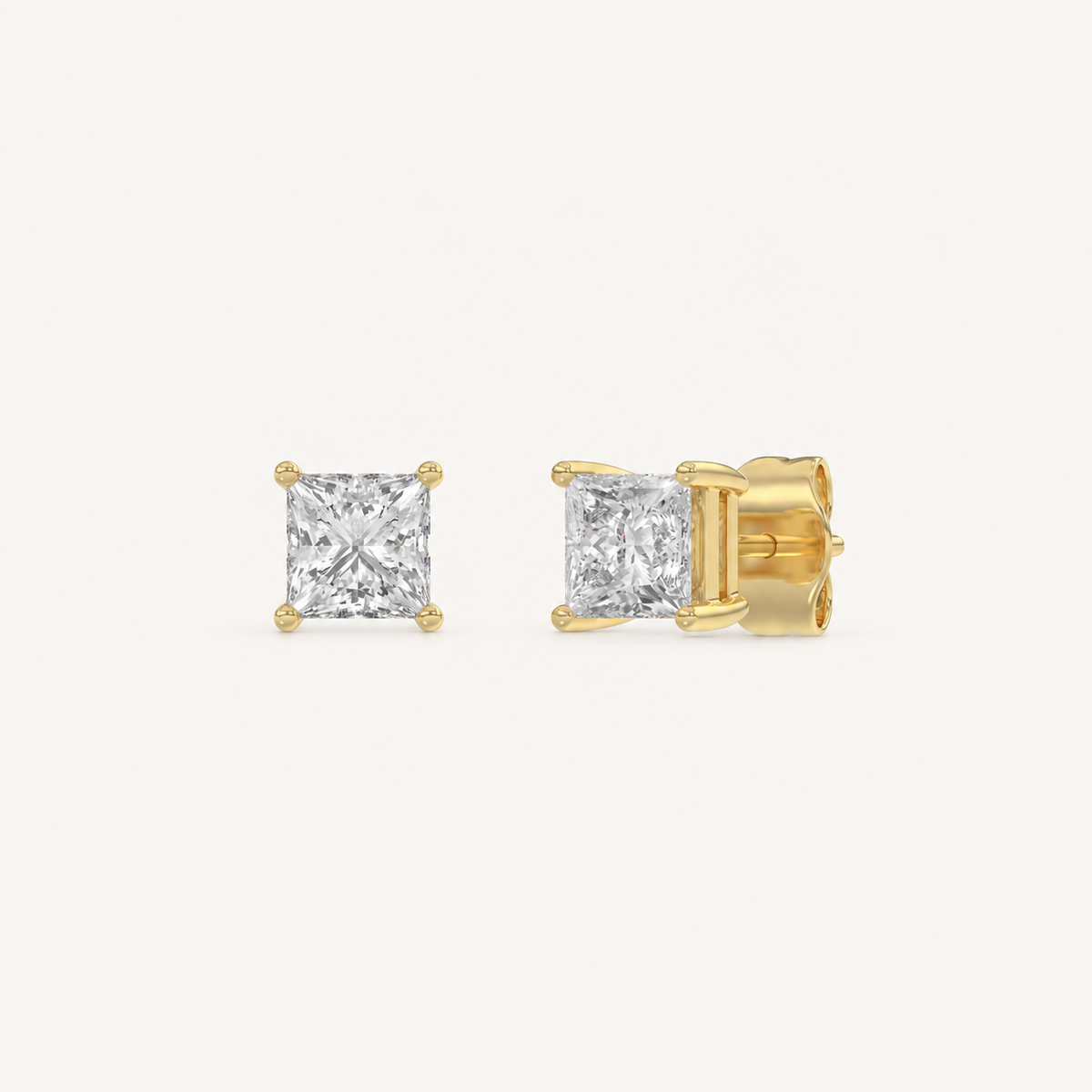 Yellow gold princess-cut four-prong basket lab-grown diamond stud earrings, 1 ct total weight