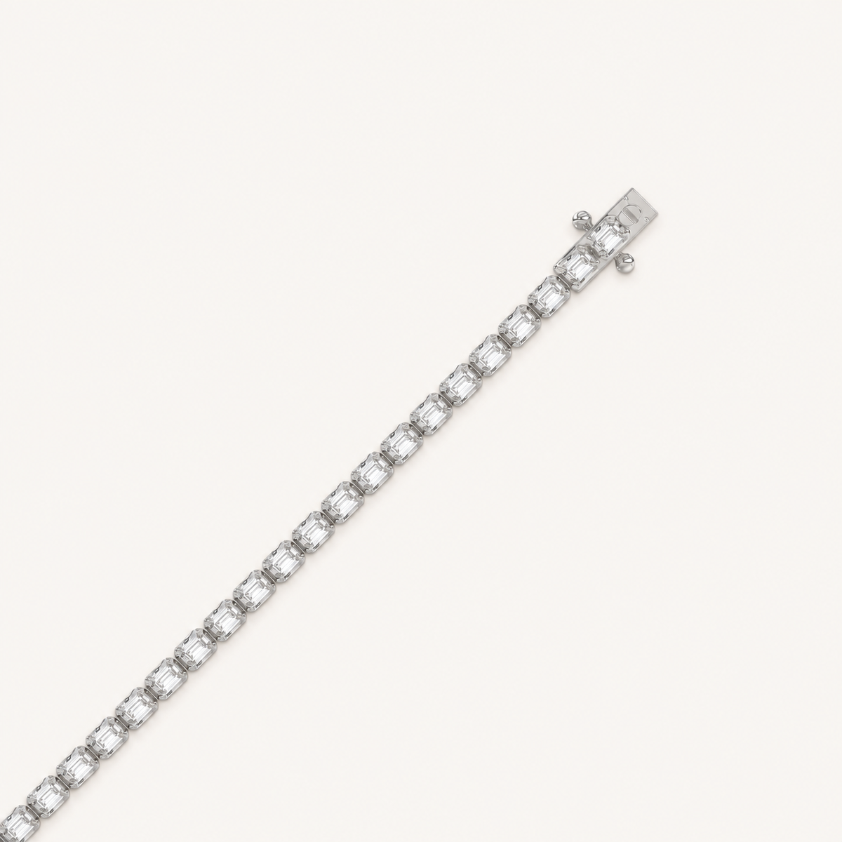 Emerald-cut lab-grown diamond tennis bracelet in white gold, closed clasp detail
