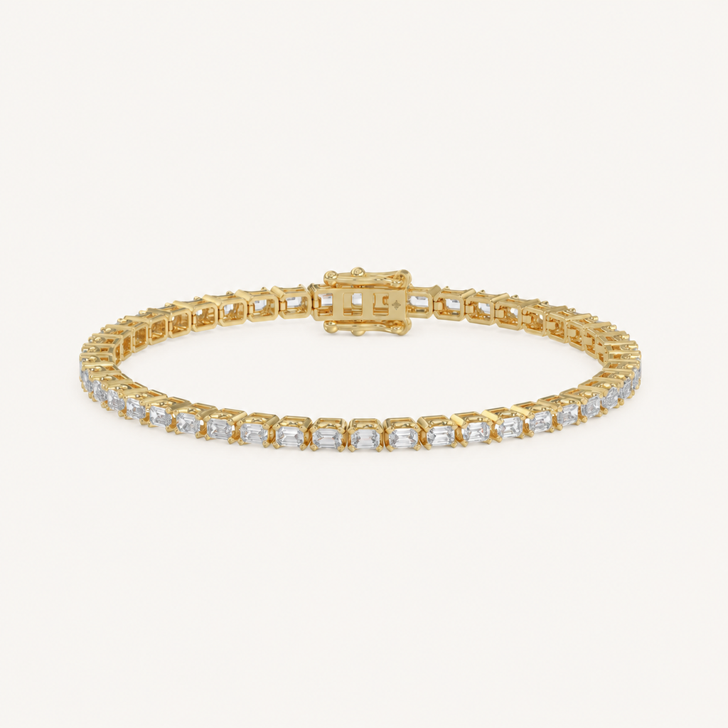 Emerald-cut lab-grown diamond tennis bracelet in yellow gold, full bracelet