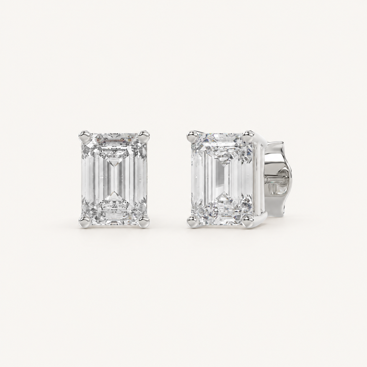 Emerald-cut lab-grown diamond stud earrings in white gold, 1.5 ct total