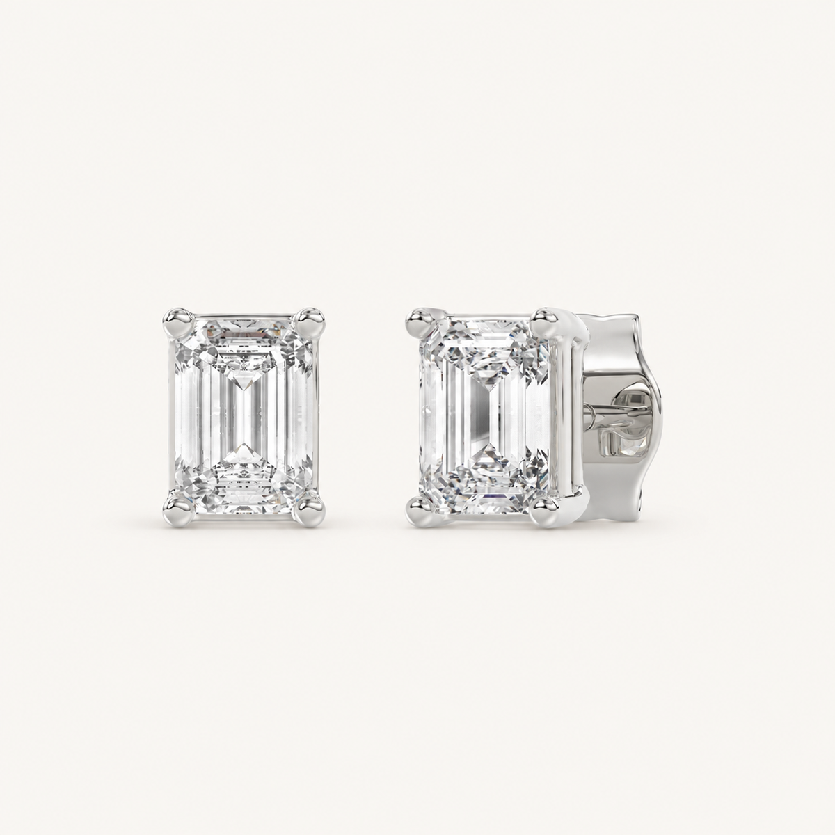 Emerald-cut lab-grown diamond stud earrings in white gold, 1 ct total
