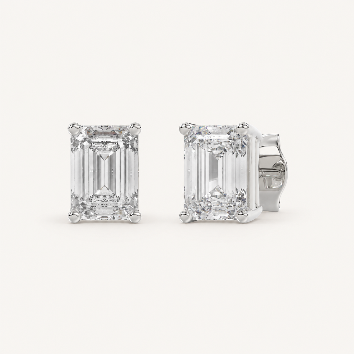 Emerald-cut lab-grown diamond stud earrings in white gold, 2 ct total