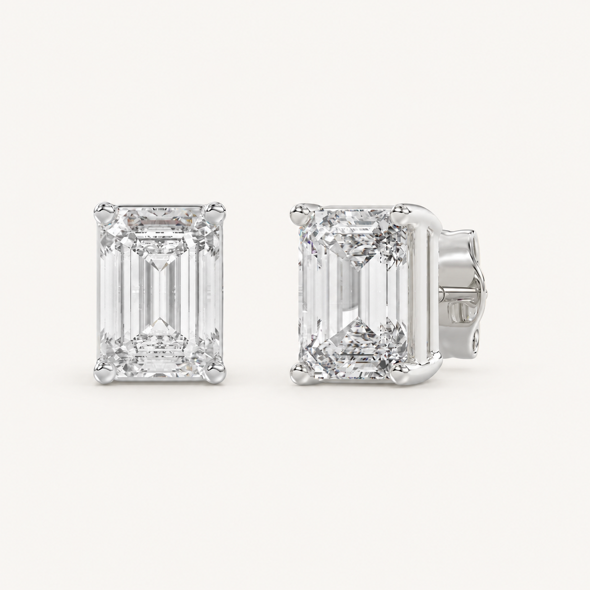 Emerald-cut lab-grown diamond stud earrings in white gold, 3 ct total