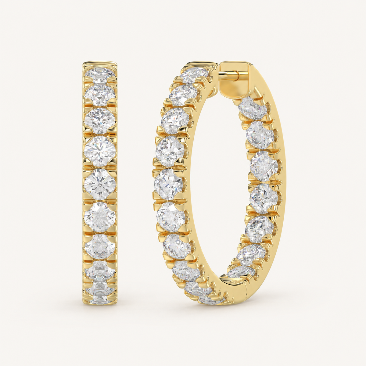 Inside-out round lab-grown diamond hoop earrings in yellow gold, 2 ct total