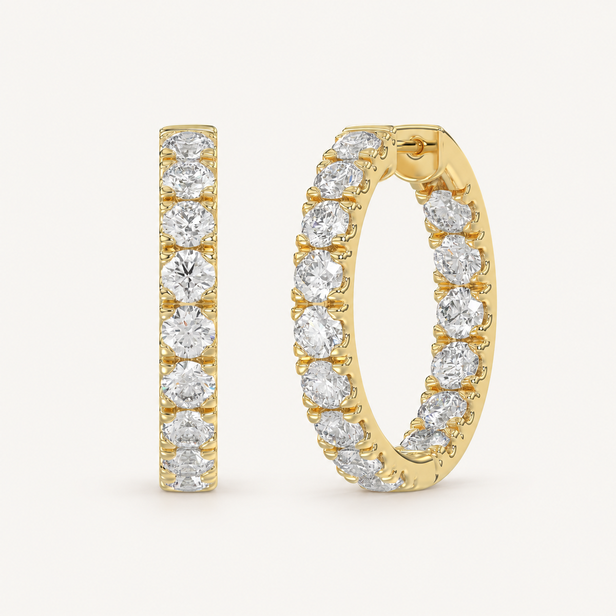 Inside-out round lab-grown diamond hoop earrings in yellow gold, 3 ct total
