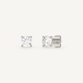 Four-prong martini lab-grown diamond stud earrings in white gold, angled view