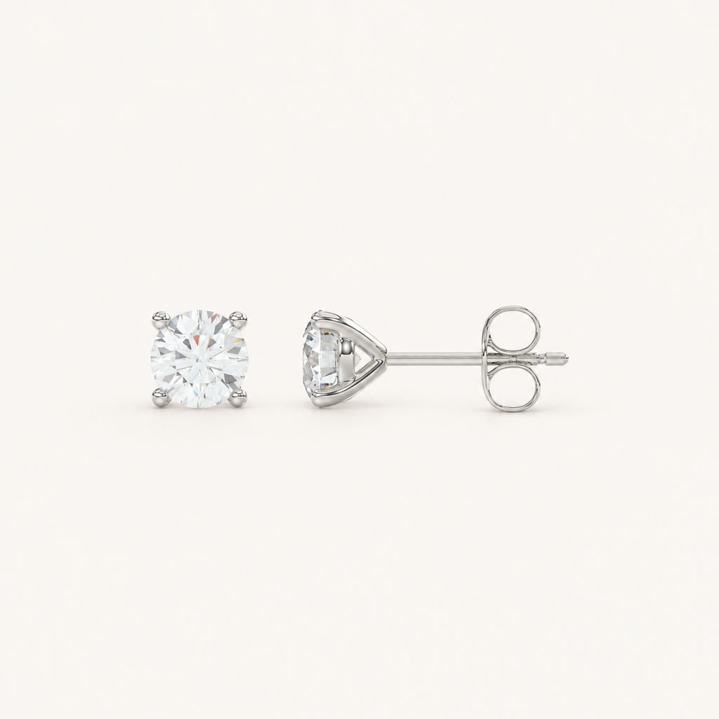Four-prong martini lab-grown diamond stud earrings in white gold, profile view