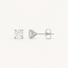 Four-prong martini lab-grown diamond stud earrings in white gold, profile view