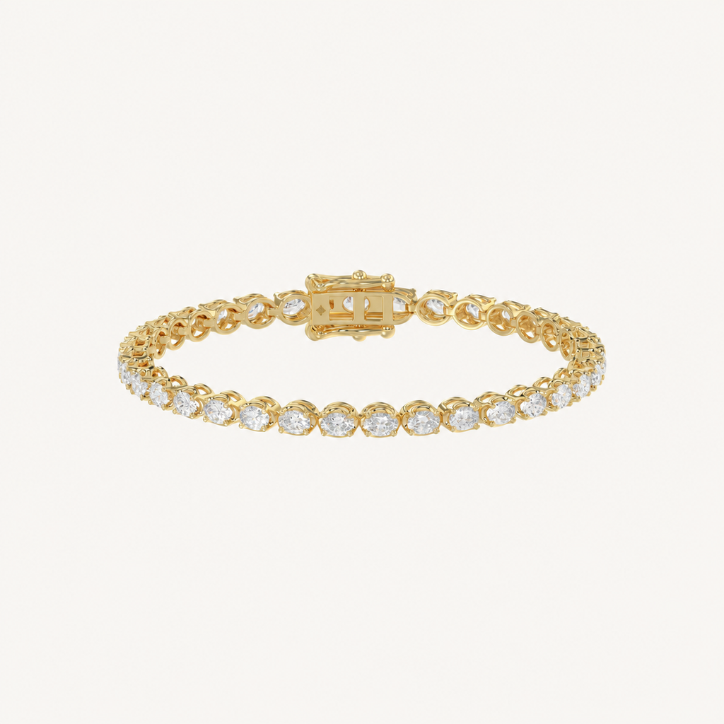 Oval-cut lab-grown diamond tennis bracelet in yellow gold, full view
