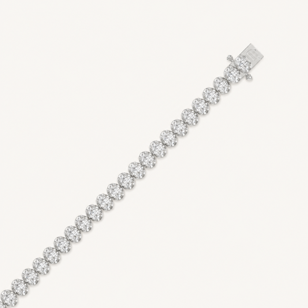 Oval-cut lab-grown diamond tennis bracelet in white gold, closed clasp detail