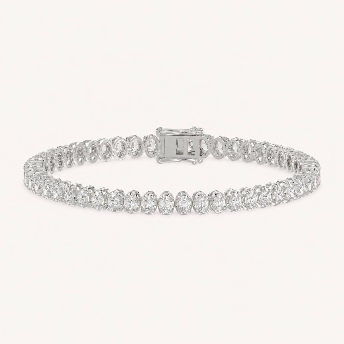 Oval-cut lab-grown diamond tennis bracelet in white gold, full bracelet