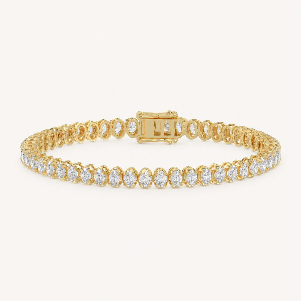 Oval-cut lab-grown diamond tennis bracelet in yellow gold, full bracelet