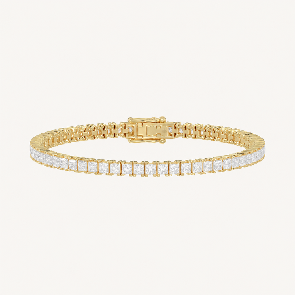 Princess-cut lab-grown diamond tennis bracelet in yellow gold, full view