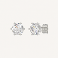 Six-prong round basket lab-grown diamond stud earrings in white gold, angled view