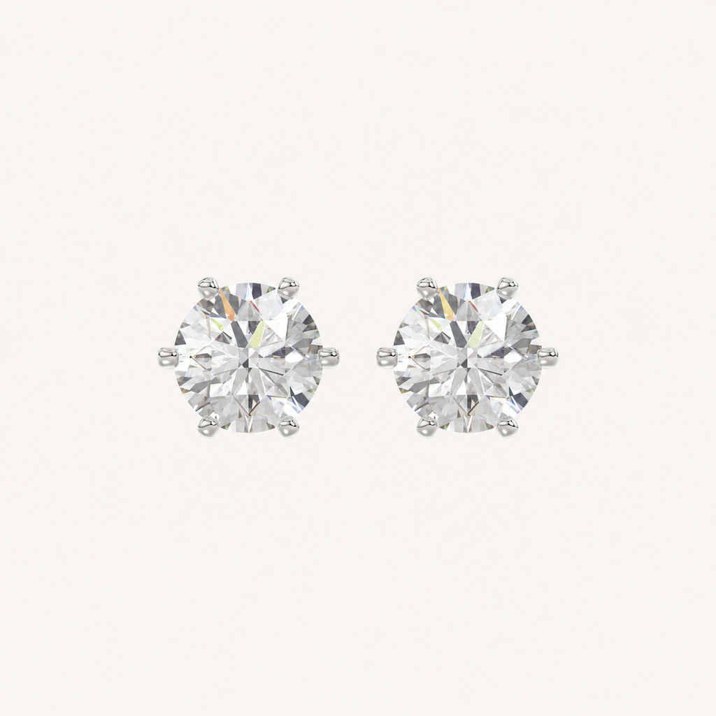 Six-prong round basket lab-grown diamond stud earrings in white gold, front pair view