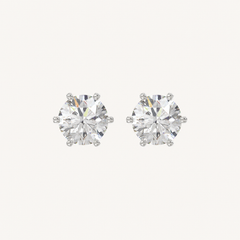 Six-prong round basket lab-grown diamond stud earrings in white gold, front pair view