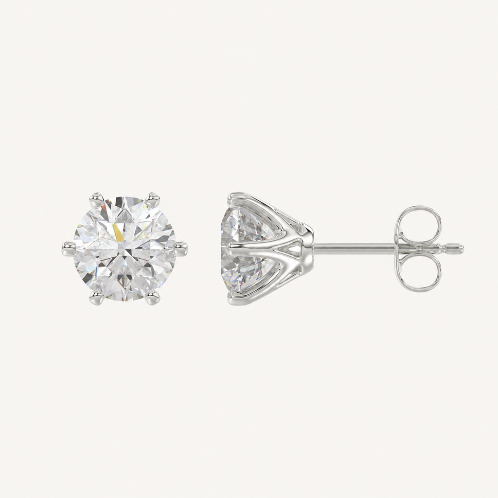 Six-prong round basket lab-grown diamond stud earrings in white gold, profile view