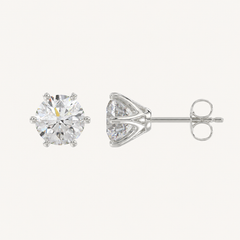 Six-prong round basket lab-grown diamond stud earrings in white gold, profile view