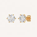 Six-prong round basket lab-grown diamond stud earrings in yellow gold, angled view