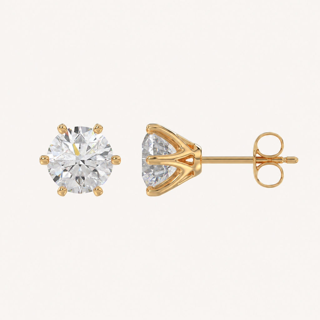Six-prong round basket lab-grown diamond stud earrings in yellow gold, profile view