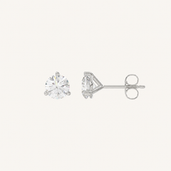 Three-prong martini lab-grown diamond stud earrings in white gold, profile view