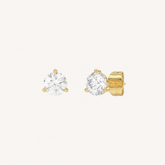 Three-prong martini lab-grown diamond stud earrings in yellow gold, angled view