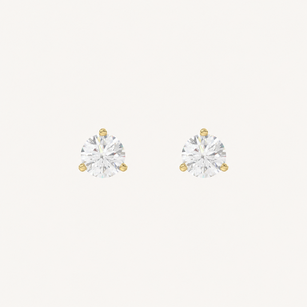 Three-prong martini lab-grown diamond stud earrings in yellow gold, front pair view