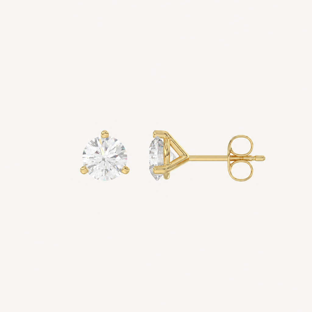 Three-prong martini lab-grown diamond stud earrings in yellow gold, profile view